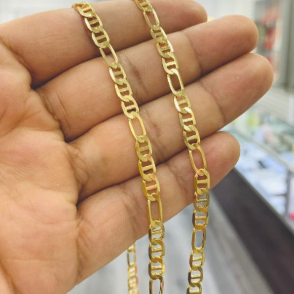 14K Gold F Figaro Mariners Chain Necklace for Mens Womens 24" 4.4mm Cadenas Oro - Picture 1 of 7